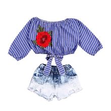 Emmababy conjunto de roupas infantil, camiseta jeans curta com estampa floral para crianças meninas 2024 - compre barato