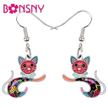 Bonsny-pendientes de aleación de esmalte para mujer y niña, aretes grandes y largos con diseño de gato saltador y gatito, joyería de animales, regalo para los amantes de las mascotas 2024 - compra barato