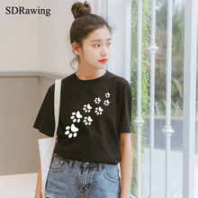 SDRawing cotton t shirts brand short sleeve o neck fashion tops cat paws print t shirts tees women's clothing 2024 - buy cheap