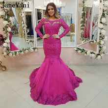 JaneVini Elegant Fuchsia Mermaid Evening Dress with Sleeves Boat Neck Lace Appliques Beaded Tulle Plus Size Formal Party Gowns 2024 - buy cheap