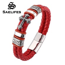 Trendy Red Braided Leather Men Women Bracelets Stainless Steel Cross Charms Cuff Bracelets Bangles Fashion Male Jewelry PB0099 2024 - buy cheap