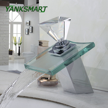 Квадратный стеклянный смеситель для ванной комнаты YANKSMART с алмазной ручкой, латунный кран «Водопад» для раковины, хромированный полированный 2024 - купить недорого