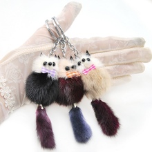 Fashion Cute Fluffy Pompom Raccoon Keychain Genuine Mink Fur Pom Pom Fox Bear Key Chain Ring Woman Bag Charms Man Trinket Gift 2024 - buy cheap