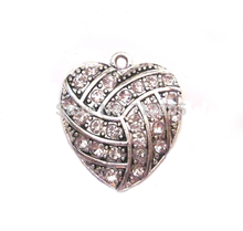 New  100pcs a lot  antique silver color zinc studded with sparkling crystals Volleyball Crystal Heart  Pendant 2024 - buy cheap