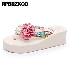 Sandals Flatforms Low Wedge Platform Big Size Women Satin Pearl Slippers Flip Flop Wide Fit Shoes Ladies Plus Flower Slides 2021 2024 - buy cheap