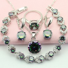 Conjunto de joias cor prata de zircônia cúbica, multicolor, para mulheres, conjunto de joias de noiva, brincos, pulseira, colar, anel, caixa grátis 2024 - compre barato