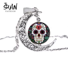 SIAN Mexican Sugar Skull Necklace Day Of The Dead Colorful Folk Art Pattern Glass Dome Moon Necklaces Pendants Jewelry Wholesale 2024 - buy cheap