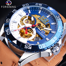 Forsining luxo automático relógio masculino design criativo metade azul branco esqueleto 3d analógico pulseira de couro genuíno relógio mecânico 2024 - compre barato