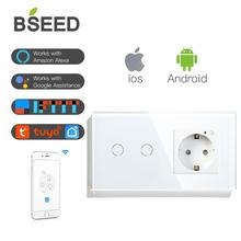 BSEED Smart Wifi Touch Switch 2 Gang 1 Way With EU Socket 3 Colors Crystal Glass Panel Work With Smart Life Tuya App 2024 - buy cheap