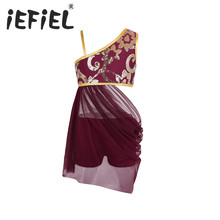 iEFiEL Girls Children Kids Ballet Gymnastic Performance One-shoulder Floral Sequins Dress for Lyrical Modern Contemporary Dance 2024 - buy cheap