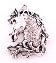 24mm*30mm New 10pcs a lot antique silver plated zinc studded with sparkling crystals Horse Head Animal Pendants 2024 - buy cheap