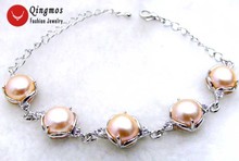 Qingmos Natural Pearl Bracelet for Women with 9-10mm Pink Flat Round Pearl Adjustable 6-8" Bracelet Jewelry bra258 Free Shipping 2024 - buy cheap