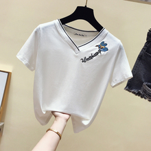 Gkfnmt-Camiseta bordada para mujer, Tops de algodón para mujer, camisetas de manga corta Vintage con cuello en V, camisetas para mujer 2021 2024 - compra barato