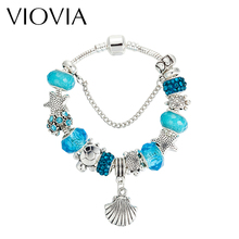 VIOVIA-pulsera con cuentas de cristal azul marino para mujer y niña, brazalete con diseño de concha de estrella de mar, regalo, B15084, 2019 2024 - compra barato