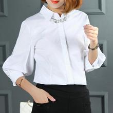 Blusa con manga de linterna para mujer, camisa con cuello vuelto y manga de tres cuartos, botones ocultos, color blanco 2024 - compra barato