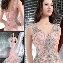 Custom Made Mermaid V-neck Crystal Diamond Beaded Evening Dress Pink Ivory Sexy Luxury Evening Gowns Prom Party EV01 2024 - buy cheap