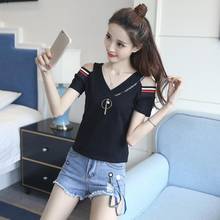 Fashion Tee Ulzzang 95% Cotton Women T-Shirts for Women Letters Embroidery Summer V Neck Tops Slim Short Sleeve Female T Shirt 2024 - buy cheap