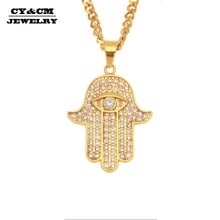 CY&CM Stainless Steel Gold Color Hamsa Hand Pendant Iced Out Rhinestone Hand of Fatima Charm Rapper Hip Hop Jewelry Cuban Chain 2024 - buy cheap