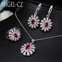ANGELCZ Cute Girls Gift Silver Color Jewelry Micro CZ Pave Red Stone Women Chic Flower Pendant Necklace Earrings Ring Sets AJ031 2024 - buy cheap