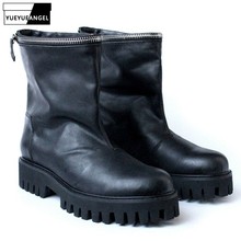 Botas de invierno para hombre, Botines negros de suela gruesa, estilo Ruso, punta redonda, sin cordones, de cuero genuino, vaquero, de talla grande 2024 - compra barato