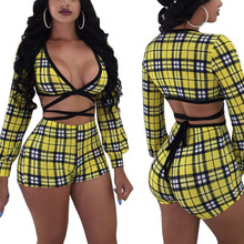 IMYSEN Sexy Women Two Piece Set Yellow Plaid 2PCS V Neck Long Sleeve Tops Shorts Suit 2024 - buy cheap