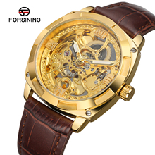 Forsining-reloj mecánico de lujo para hombre, correa de cuero marrón transparente con flor dorada, reloj creativo con esqueleto, 2019 2024 - compra barato