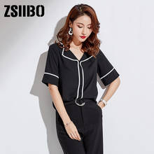 2020 Ladies Elegant Shirt Black Short Sleeve Office Lady Chiffon Shirt Loose Plus Size Fashion Notched Neck Solid color clothing 2024 - buy cheap