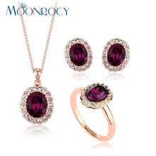 MOONROCY Free Shipping Rose Gold Color Cubic Zirconia Austrian Purple Crystal Necklace Earrings and Ring Jewelry Set for Women 2024 - buy cheap