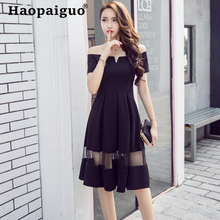 Plus Size Slash Neck Sexy Korean Dress Women Short Sleeve A-line Elegant Vintage Dress Women Black Slim Summer Clothes for Women 2024 - buy cheap