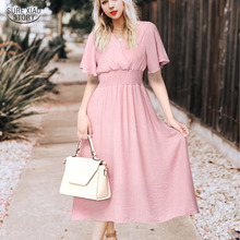 2021 New Vestidos Short Sleeve Plus Size Female Chiffon Dress Summer Backless V-Neck White Black Pink Apricot Midi Dress 5080 50 2024 - buy cheap