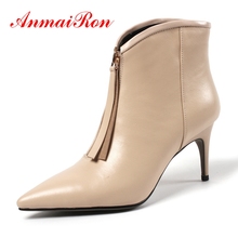 AnmaiRon Women solid pointed toe front zipper ankle boots lady high heel cow leather botas mujer Big size 34-43 ZYL1341 2024 - buy cheap