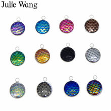 Julie Wang 12PCS 12mm Mermaid Scale Round Resin Cabochon Charms Alloy Base For Necklace Pendant Jewelry Making Accessories 2024 - buy cheap