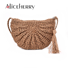 High quality classic tassel rattan beach bag straw totes bag bucket summer bags with tassels women Semicircle handbag braided 2024 - buy cheap