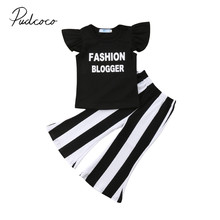 2018 Brand New 1-6Y Toddler Baby Girls Summer Casual 2PCS Sets Short Petal Sleeve Letter Black T-Shirts Tops Striped Flare Pants 2024 - buy cheap