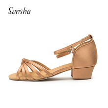 Sansha Kids Satin Latin Shoes Non-slip Suede Sole Low Heel Tan/Gold Ballroom Salsa Tango Dance Shoes For Girls BK13026S 2024 - buy cheap