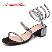 ANMAIRON   Basic  Party  Slip-On  Woman Sandals 2019 Summer Crystal Square Heel Women Fashion Sandals Size 34-39 LY1407 2024 - buy cheap