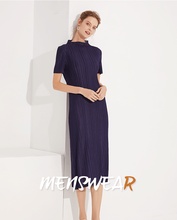 HOT SELLING Fashion Miyake fold solid  dress short sleeve stand collar dress  IN STOCK 2024 - buy cheap