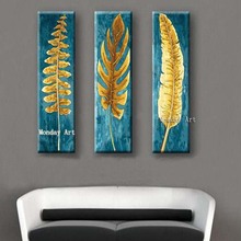 3 painéis artesanais bonitinho com folhagens douradas pintura em tela quadros pintados à mão abstratos pinturas a óleo moderna pintura 2024 - compre barato