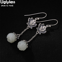 Uglyless 100% Real 925 Sterling Handmade Lotus Earrings Natural White Jade Flower Fine Jewelry Thai Silver Ethnic Brincos Bijoux 2024 - buy cheap