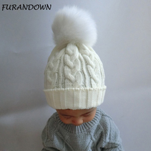 FURANDOWN Fox Fur Pompom Hat Kids Beanie Winter Cap Twisted Knitted Hats For Boys Girls 2024 - buy cheap