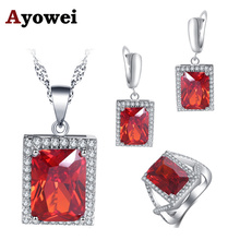 Ayowei-novo conjunto incrível para aniversário de menina, conjunto de joias com zircônia vermelha e design quadrado de prata 925, joias e colares js755a 2024 - compre barato