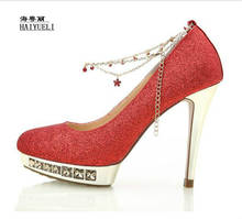 Туфли с закрытым носком на платформе и тонком каблуке; женские свадебные туфли на высоком каблуке с золотыми кристаллами; свадебные туфли; женские красные туфли 2024 - купить недорого