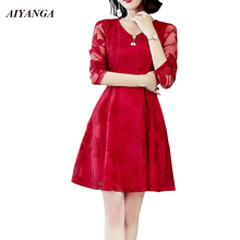 New 2018 Autumn Dress Women Mesh Lace Dress V Neck Slim A-line Dresses Elegant ladies Long Sleeve Solid Color Red Black Blue 2024 - buy cheap