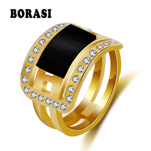 Anel de dedo geométrico grande 13mm de largura, anel de cerâmica preta em aço inoxidável, camada de cristal, anéis femininos de casamento, joias, bague aners 2024 - compre barato