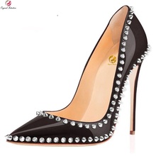 Sapatos femininos intenção original, sapatos de rebite de couro patenteado, stiletto para mulheres, vestido de noite, festa plus size 4-15 2024 - compre barato
