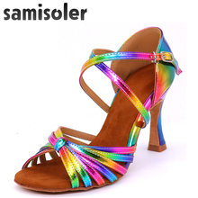 Samisoler Rainbow Colors Women Latin Dance Competition Shoes satin Dance Shoes bright PU Women's Salsa Tango Latin dance shoes 2024 - buy cheap