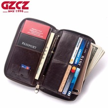 Gzcz carteira masculina de couro genuíno, porta-passaporte com zíper, bolsa longa de celular, saco de dinheiro para viagens de negócios 2024 - compre barato