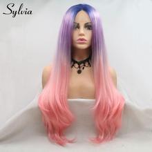Sylvia Омбре фиолетовый розовый 3 тона длинные волнистые синтетические кружевные передние парики для женщин термостойкие волоконные волосы ручной вязки парик для косплея 2024 - купить недорого
