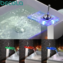 BECOLA-grifo de cristal para lavabo, led, cascada, Palanca única cromado, luz led para baño, LH-8060 de robo led 2024 - compra barato