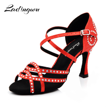 Ladingwu zapatos baile mujer latino Red Shoes Woman Latin Dance Shoes Glitter Rhinestone Salsa Ballroom Dance Shoes Heels 9cm 2024 - buy cheap